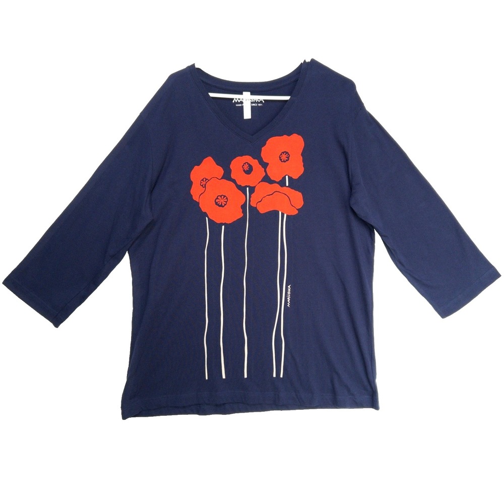 Marushka Poppies Ringspun Cotton Tee Art To Wear Quarter Sleeve Top Womens 2XL